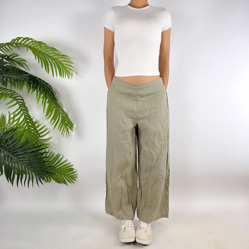 Womens Vintage Tahari Khaki Coastal Chic Wide Leg Linen Pants Culottes / Small